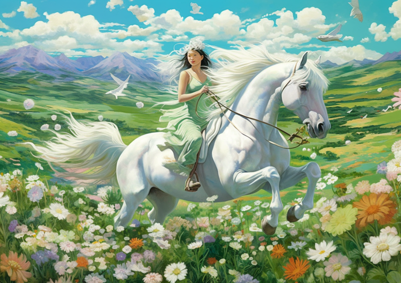 在田野中骑着白马的女孩插画背景,插画/手绘图,插画/手绘图库,插画/手绘图下载,插画/手绘